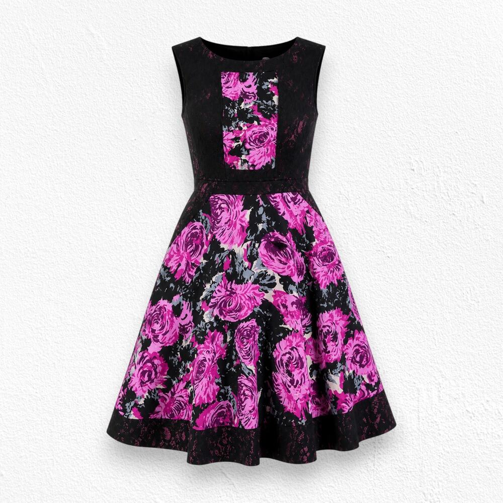 Tracy Reese Fuchsia Mums Contrast Frock Silk Linen Floral Fit Flare Dress 2 NWT